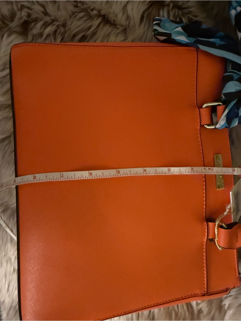 Trina Turk Orange Handbag with Blue Scarf and Interior and Gold Accents - Picture 9 of 11